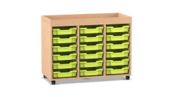 Flexeo® Regal PRO, Buche hell, 3 Reihen, 18 kl. Boxen grün, Aufkantung, BxHxT 108x83x48 cm, Rollen