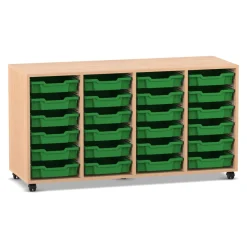 Flexeo Regal PRO, Buche hell, 4 Reihen, 24 kleine Boxen dunkelgrün, Rollen