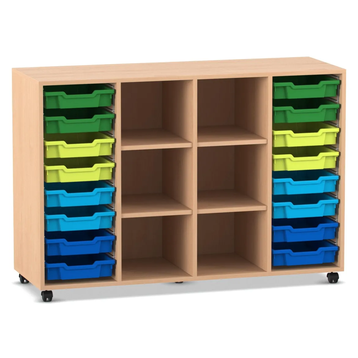 Flexeo® Regal PRO Buche hell 99,1 x 143,9 x 48 cm, 4 Reihen, 6 Fächer, 16 Boxen blau-grün, Rollen