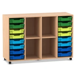 Flexeo® Regal PRO Buche hell, 99,1 x 143,9 x 48 cm, 4 Reihen, 4 Fächer, 16 Boxen blau-grün, Rollen
