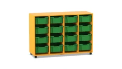 Flexeo® Regal PRO, Dekor gelb, HXBXT: 99,1 x 143,9 x 48 cm, 4 Reihen, 16 große Boxen grün, Stellfüße