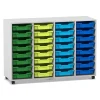 Flexeo Regal PRO, Dekor grau, HxBxT: 99,1x143,9x48 cm, 4 Reihen, 32 kleine Boxen bunt B, Rollen