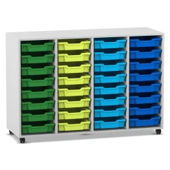 Flexeo Regal PRO, Dekor grau, HxBxT: 99,1x143,9x48 cm, 4 Reihen, 32 kleine Boxen bunt B, Rollen