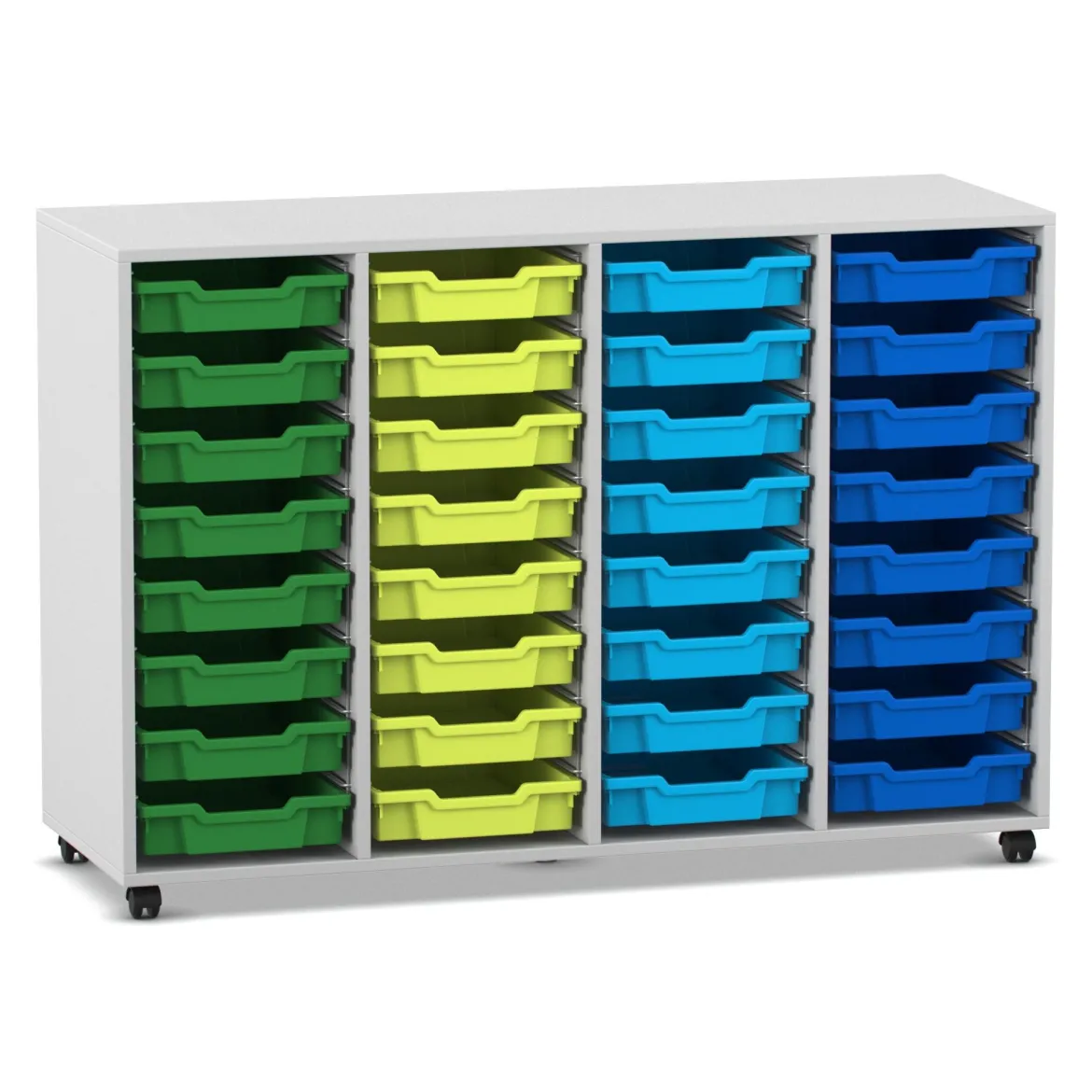 Flexeo Regal PRO, Dekor grau, HxBxT: 99,1x143,9x48 cm, 4 Reihen, 32 kleine Boxen bunt B, Rollen