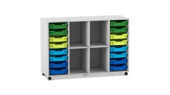 Flexeo® Regal PRO Dekor grau, 99,1 x 143,9 x 48 cm, 4 Reihen, 4 Fächer, 16 Boxen bunt B, Sockel
