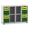 Flexeo® Regal PRO Dekor grau, 99,1 x 143,9 x 48 cm, 4 Reihen, 4 Fächer, 16 Boxen hellgün/dunkelgrün, Rollen