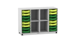 Flexeo® Regal PRO Dekor grau, 99,1 x 143,9 x 48 cm, 4 Reihen, 4 Fächer, 16 Boxen hellgün/dunkelgrün, Rollen