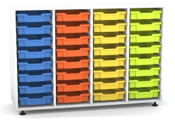 Flexeo Regal PRO, Dekor weiß, HxBxT: 99.1 x 143.9 x 48 cm, 4 Reihen, 32 kleine Boxen bunt, Stellfüße