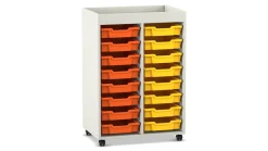 Flexeo Regal PRO, Dekor weiß, 2 Reihen, 16 kleine Boxen gelb/orange, Aufkantung, HXBXT: 105,6 x73 x 48 cm, Rollen