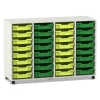 Flexeo Regal PRO, Dekor weiß, 4 Reihen, 32 S-Boxen hellgrün/dunkelgrün, HxBxT: 99,1 x 143,9 x 48 cm, Sockel
