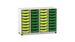 Flexeo Regal PRO, Dekor weiß, 4 Reihen, 32 S-Boxen hellgrün/dunkelgrün, HxBxT: 99,1 x 143,9 x 48 cm, Sockel