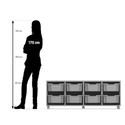 Flexeo Regal PRO, Eiche natur, HxBxT: 54.3x143.9x48 cm, 4 Reihen, 8 große Boxen bunt B, Rollen