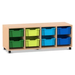 Flexeo Regal PRO, Eiche natur, HxBxT: 54.3x143.9x48 cm, 4 Reihen, 8 große Boxen bunt B, Rollen