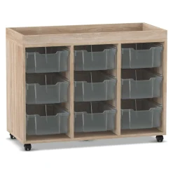 Flexeo Regal PRO, Eiche natur, HxBxT: 83,2x108,5x48 cm, 3 Reihen, 9 große Boxen, Rollen