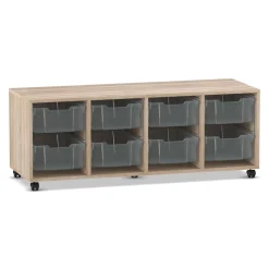 Flexeo Regal PRO, Eiche natur, HxBxT: 54.3x143.9x48 cm, 4 Reihen, 8 große Boxen transparent, Rollen