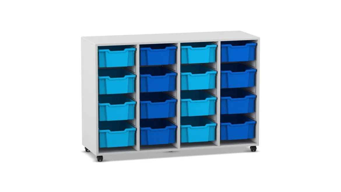 Flexeo® Regal PRO, Grau, 4 Reihen, 16 große Boxen blau, Sockel, HxBxT 99,1 x 143,9 x 48 cm