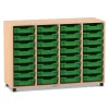 Flexeo Regal PRO, HxBxT: 99.1 x 143.9 x 48 cm, Buche hell, 4 Reihen und 32 kleinen Boxen grün, Rollen