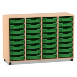 Flexeo Regal PRO, HxBxT: 99.1 x 143.9 x 48 cm, Buche hell, 4 Reihen und 32 kleinen Boxen grün, Rollen