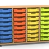 Flexeo Regal PRO, HxBxT: 99.1 x 143.9 x 48 cm, mit 4 Reihen und 32 kleinen Boxen Dekor Buche hell, Stellfüße, Boxen orange gelb grün hellblau