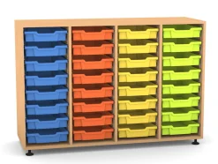 Flexeo Regal PRO, HxBxT: 99.1 x 143.9 x 48 cm, mit 4 Reihen und 32 kleinen Boxen Dekor Buche hell, Stellfüße, Boxen orange gelb grün hellblau