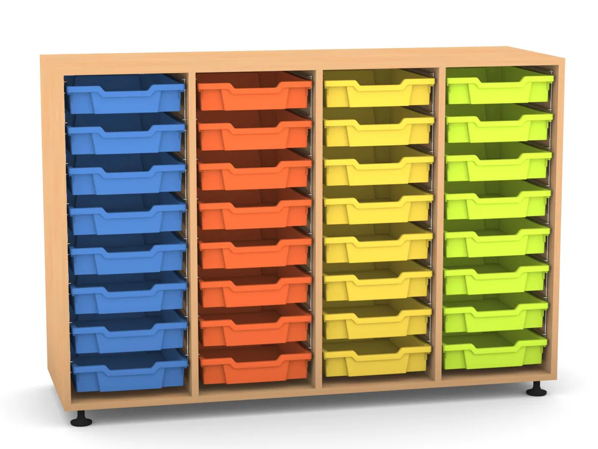 Flexeo Regal PRO, HxBxT: 99.1 x 143.9 x 48 cm, mit 4 Reihen und 32 kleinen Boxen Dekor Buche hell, Stellfüße, Boxen orange gelb grün hellblau