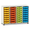 Flexeo Regal PRO, HxBxT: 99.1 x 143.9 x 48 cm, mit 4 Reihen und 32 kleinen Boxen Dekor weiß, Sockel, Boxen orange gelb grün hellblau