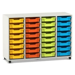 Flexeo Regal PRO, HxBxT: 99.1 x 143.9 x 48 cm, mit 4 Reihen und 32 kleinen Boxen Dekor weiß, Sockel, Boxen orange gelb grün hellblau
