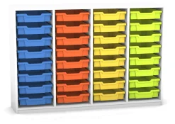 Flexeo Regal PRO, HxBxT: 99.1 x 143.9 x 48 cm, mit 4 Reihen und 32 kleinen Boxen Dekor weiß, Sockel, Boxen orange gelb grün hellblau