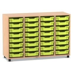 Flexeo Regal PRO, HxBxT: 99.1 x 143.9 x 48 cm, mit 4 Reihen und 32 kleinen Boxen Dekor Buche hell, Stellfüße, Boxen hellgrün