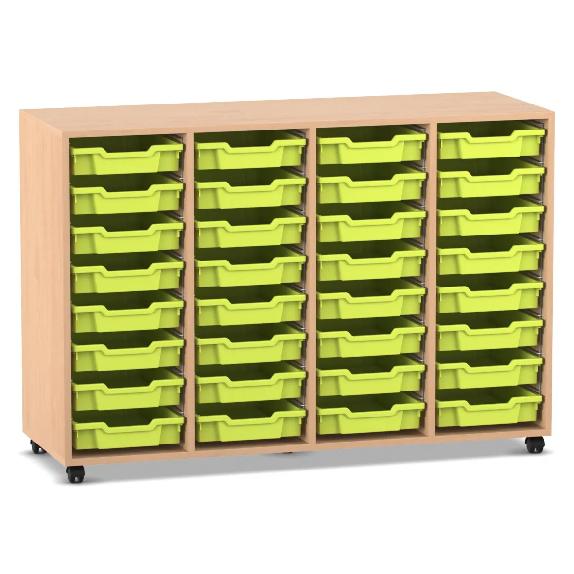 Flexeo Regal PRO, HxBxT: 99.1 x 143.9 x 48 cm, mit 4 Reihen und 32 kleinen Boxen Dekor Buche hell, Stellfüße, Boxen hellgrün