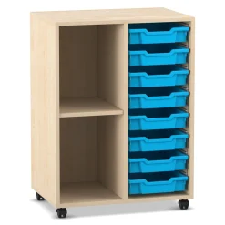 Flexeo Regal PRO mit 2 Reihen, 2 Fächern und 8 kleinen Boxen Hellblau, Dekor Ahorn-Honig, mit Rollen