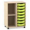 Flexeo Regal PRO mit 2 Reihen, 2 Fächern und 8 kleinen Boxen Hellgrün, Dekor Ahorn-Honig, mit Rollen