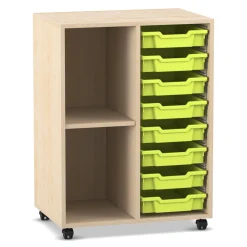 Flexeo Regal PRO mit 2 Reihen, 2 Fächern und 8 kleinen Boxen Hellgrün, Dekor Ahorn-Honig, mit Rollen