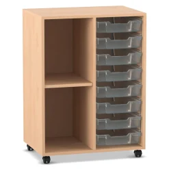Flexeo Regal PRO mit 2 Reihen, 2 Fächern und 8 kleinen Boxen transparent, Buche hell, mit Rollen