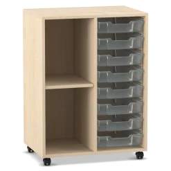 Flexeo Regal PRO mit 2 Reihen, 2 Fächern und 8 kleinen Boxen transparent, Dekor Ahorn-Honig, mit Rollen