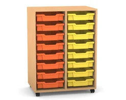 Flexeo Regal PRO mit 2 Reihen, Rollen, inkl. 16 kleine Boxen orange/gelb, Dekor: Buche hell