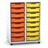 Flexeo Regal PRO mit 2 Reihen, Rollen, inkl. 16 kleine Boxen orange/gelb, Dekor: weiß