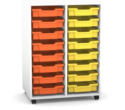 Flexeo Regal PRO mit 2 Reihen, Rollen, inkl. 16 kleine Boxen orange/gelb, Dekor: weiß