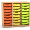 Flexeo Regal PRO mit 3 Reihen und 24 kleinen Boxen Dekor Buche hell, Sockel, Boxen orange gelb grün
