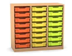 Flexeo Regal PRO mit 3 Reihen und 24 kleinen Boxen Dekor Buche hell, Sockel, Boxen orange gelb grün