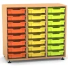 Flexeo Regal PRO mit 3 Reihen und 24 kleinen Boxen Dekor Buche hell, Stellfüße, Boxen orange gelb grün