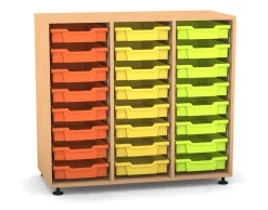 Flexeo Regal PRO mit 3 Reihen und 24 kleinen Boxen Dekor Buche hell, Stellfüße, Boxen orange gelb grün
