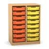 Flexeo Regal PRO mit 2 Reihen und 16 kleinen Boxen Dekor Buche hell, Sockel, Boxen orange gelb