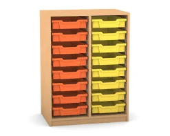 Flexeo Regal PRO mit 2 Reihen und 16 kleinen Boxen Dekor Buche hell, Sockel, Boxen orange gelb
