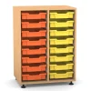 Flexeo Regal PRO mit 2 Reihen und 16 kleinen Boxen Dekor Buche hell, Stellfüße, Boxen orange gelb