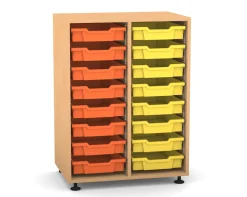 Flexeo Regal PRO mit 2 Reihen und 16 kleinen Boxen Dekor Buche hell, Stellfüße, Boxen orange gelb