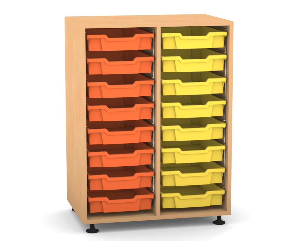 Flexeo Regal PRO mit 2 Reihen und 16 kleinen Boxen Dekor Buche hell, Stellfüße, Boxen orange gelb