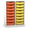 Flexeo Regal PRO mit 2 Reihen und 16 kleinen Boxen Dekor weiß, Sockel, Boxen orange gelb