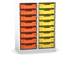 Flexeo Regal PRO mit 2 Reihen und 16 kleinen Boxen Dekor weiß, Sockel, Boxen orange gelb