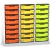 Flexeo Regal PRO mit 3 Reihen und 24 kleinen Boxen Dekor weiß, Sockel, Boxen orange gelb grün